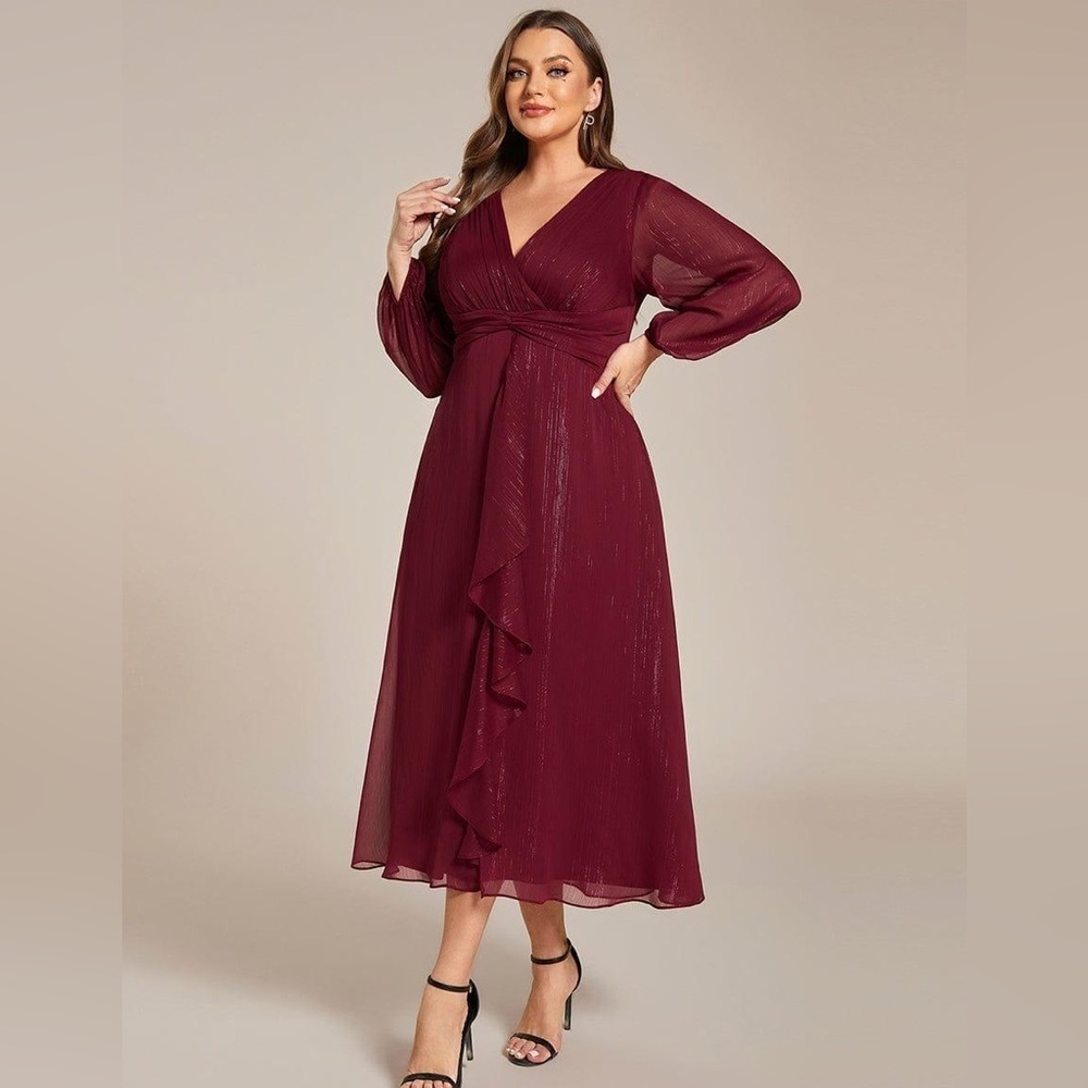 🆕 Plus Size Twist Knot Louts Leaf Long Sleeve A-Line Evening Dress